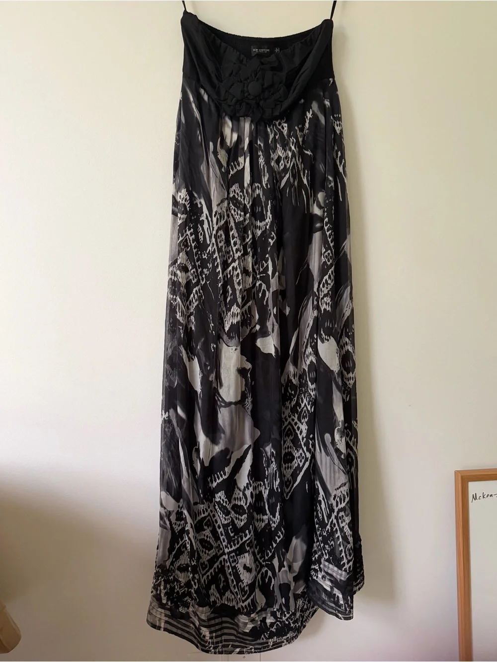 MM Couture Silk Maxi Dress Strapless Flowy Black and White - Picture 2 of 8
